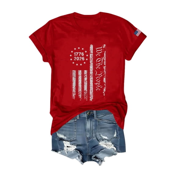 Womens 4th Of July Shirts Anniversary National Flag Print Short Sleeve Crew Neck Shirts Fourth July Tee Shirts