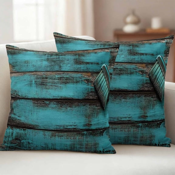 Pack of 2 Outdoor Pillow Covers 24x24 Inch Waterproof Teal Brown Wood Throw Pillow Covers,Decorative Couch Pillow Shams Protectors Vintage Chic Shabby Plank Patio Garden Pillowcases Cushion Covers