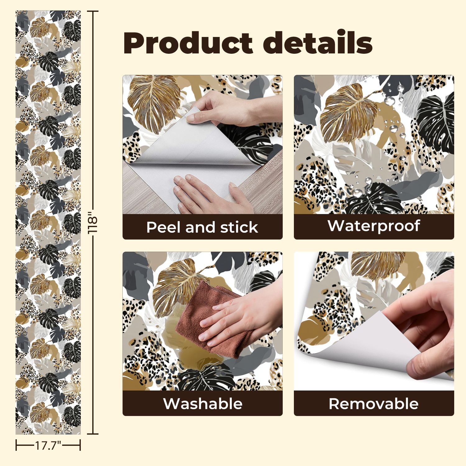 Peel and Stick Wallpaper 17.7in x 9.8ft Monstera Leaves Leopard Print Seamless Earth Tones Contact Paper Vinyl Self-Adhesive Removable Wall Paper for Bedroom DIY Home Decor Renter Friendly