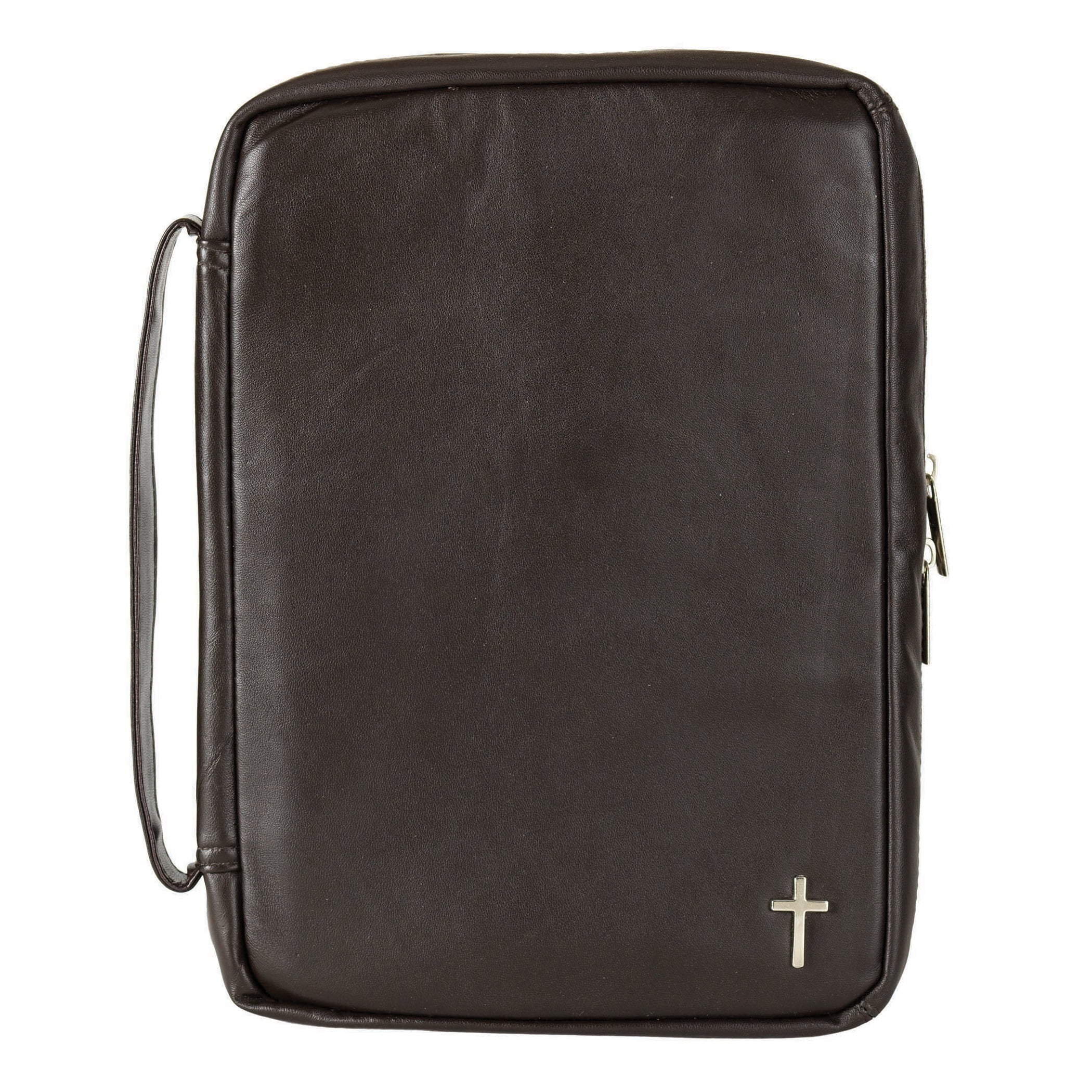 Dicksons Natural Brown Genuine Leather Zippered Bible Cover with Silvertone Cross Accent and
