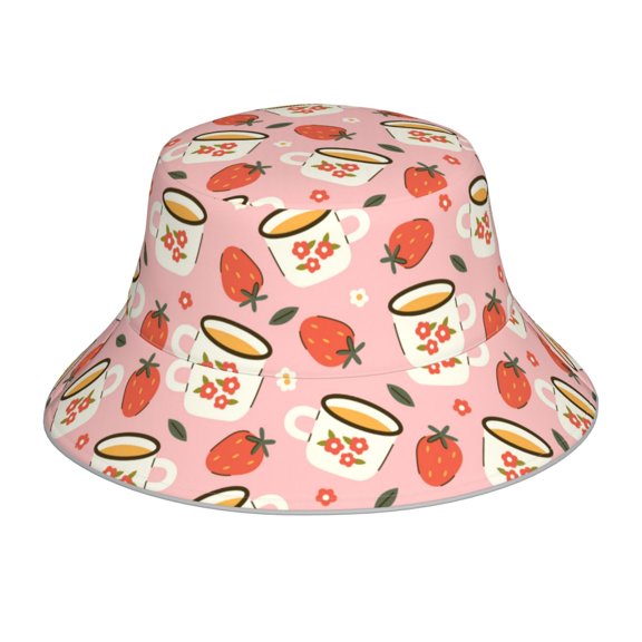 Honeii Floral Mugs And Strawberries for Unisex Bucket Hat Waterproof Rain Hat Reversible Shiny Rave Bucket Hat for Concert Festival Boonie Cap
