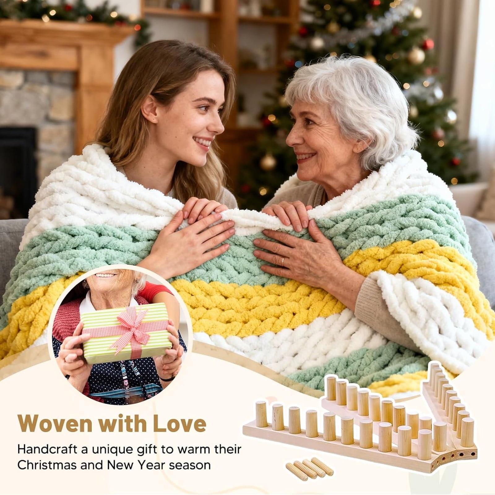 Wooden Chunky Blanket Loom, Portable Hand Knitting Loom, Expandable Connections for Beginners, Reusable for Bulky Yarn Crafts, Scarves ,Throw