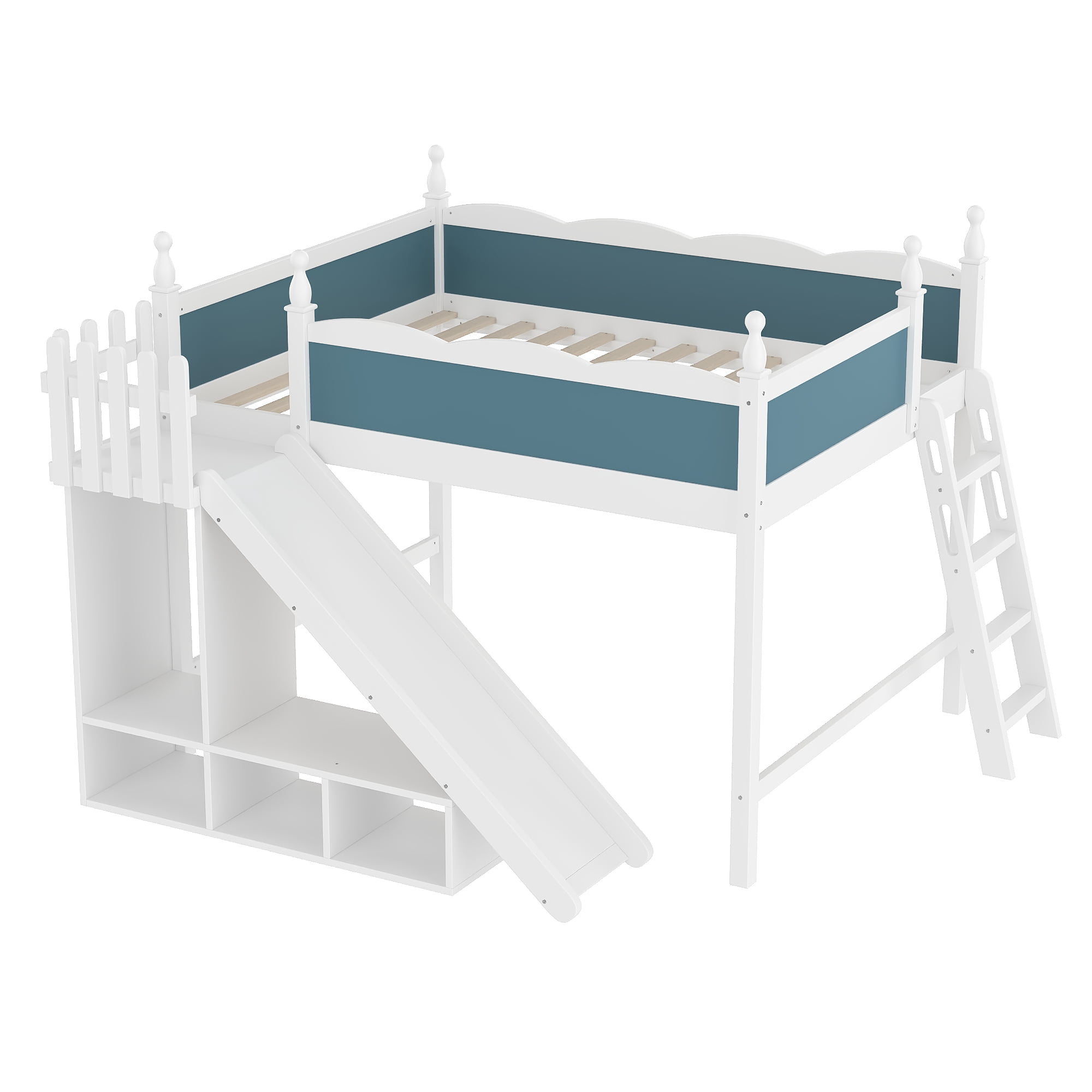 Leumius Queen Loft Bed Frame with Storage Shelves and Wardrobe, Solid Wood Loft Bed with Detachable Slide and Ladders for Kids Teens Adults Blue and White