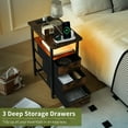 thumbnail image 6 of End Table with Charging Station,LED Narrow Side Table Bedside Table,Small Night Stand End Tables Living Room,Skinny Nightstand with 3 Fabric Drawers,Side Tables Bedroom for Small Spaces,Brown, 6 of 8