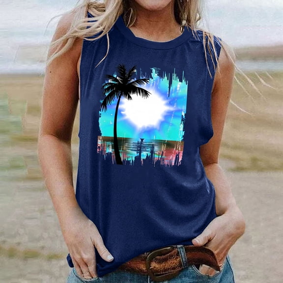 Titcea Tank Top for Women Palm Tree Printed Round Neck Sleeveless Sexy T Shirts Hawaiian Beach Holiday Casual Summer Tops