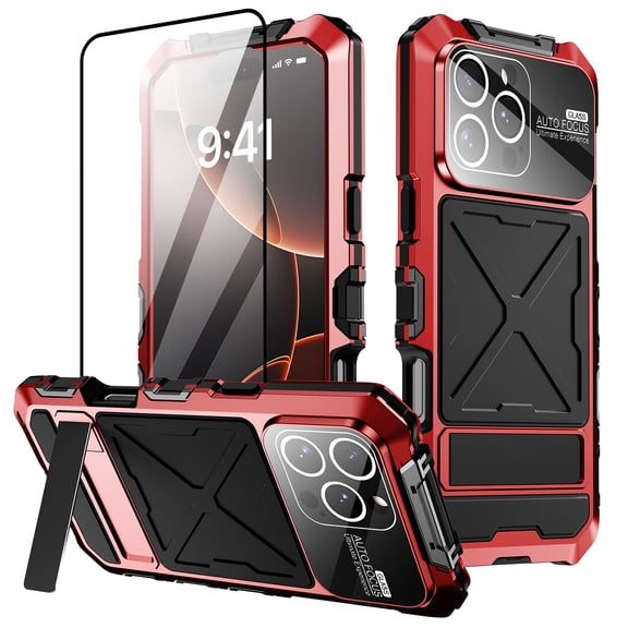 for iPhone 16 Pro Max Case with Screen Protector & Full Lens Coverage Protector, [Built-in Stand] [Military-Grade Protection] Full Body Heavy Duty Phone Case for iPhone 16 Pro Max,Red