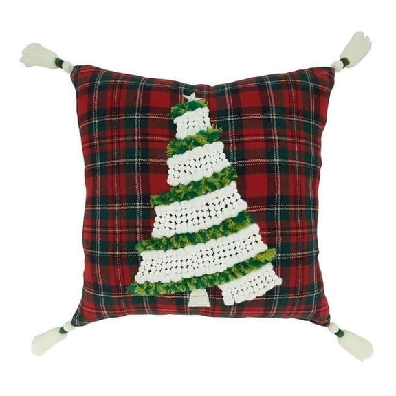 18 in. Plaid Christmas Tree Throw Pillow with Down Filling, Red