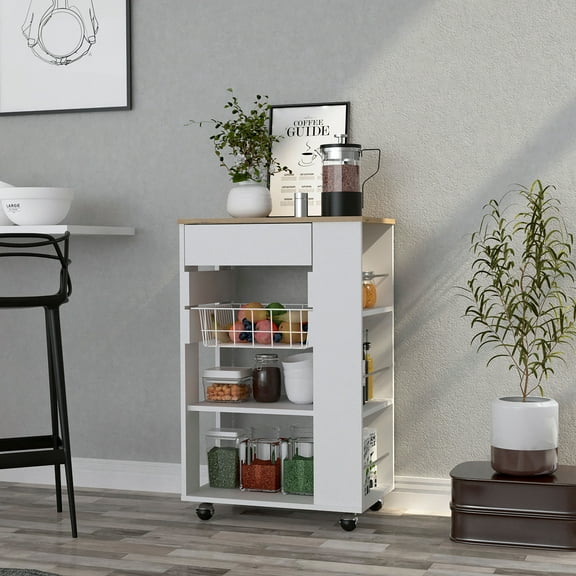 TUHOME Blosson 22-inch Wide Kitchen Cart with 1 Drawer, 2 Open Shelves, and 4 Casters, White / Light Oak