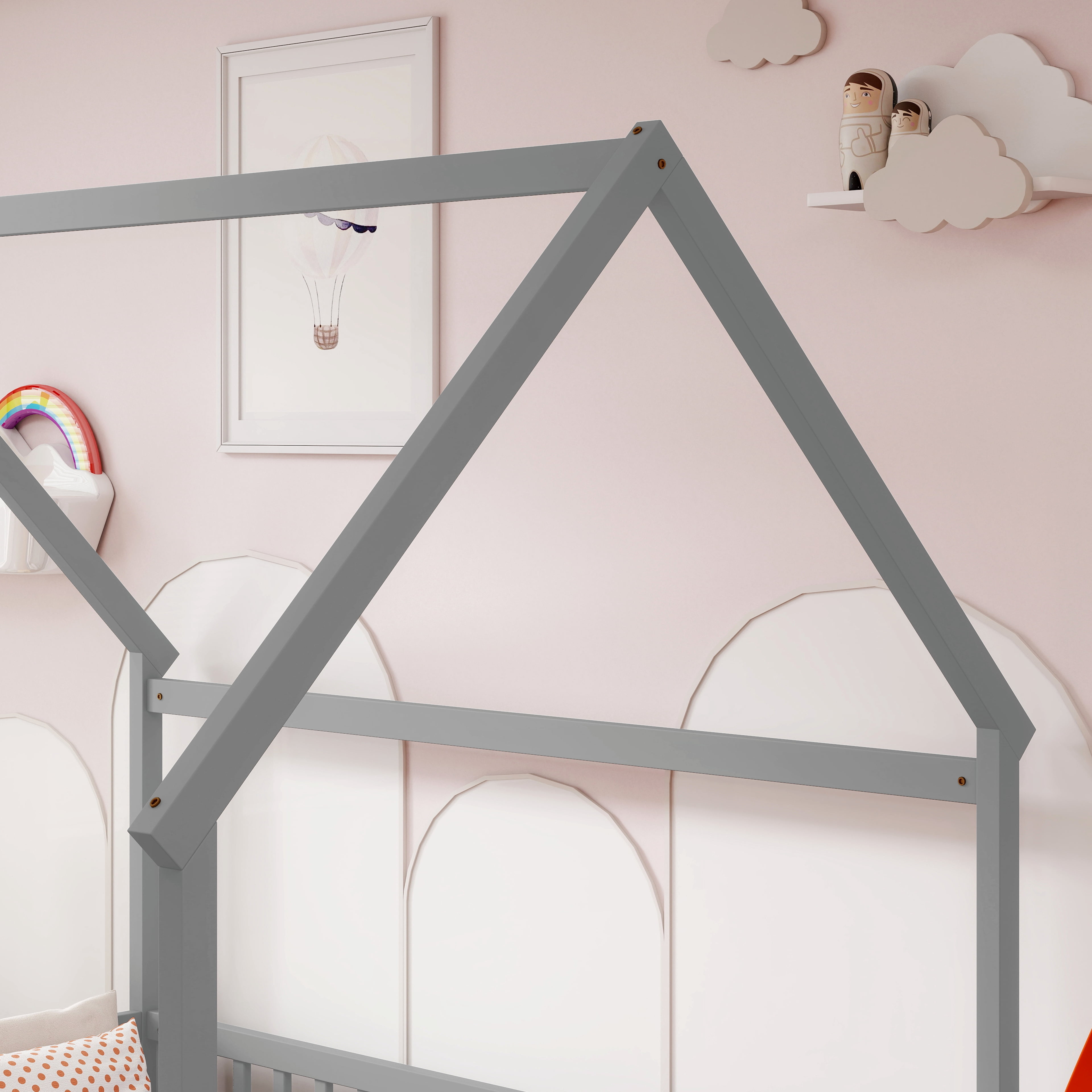 Full Size House Floor Bed with Roof Frame, Pine Wood Floor Bed with Safety Guardrails, Grey