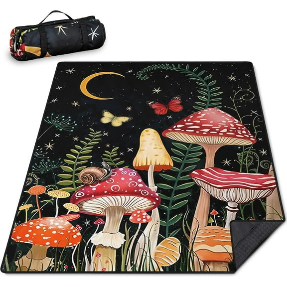 Mushroom Picnic Blankets Waterproof Foldable Picnic Blanket 80"x 60" Picnic Mat 3-Layer Thicking Outdoor Picnic Blanket Sandproof Lightweight Beach Picnic Blanket with Strap Machine Washable
