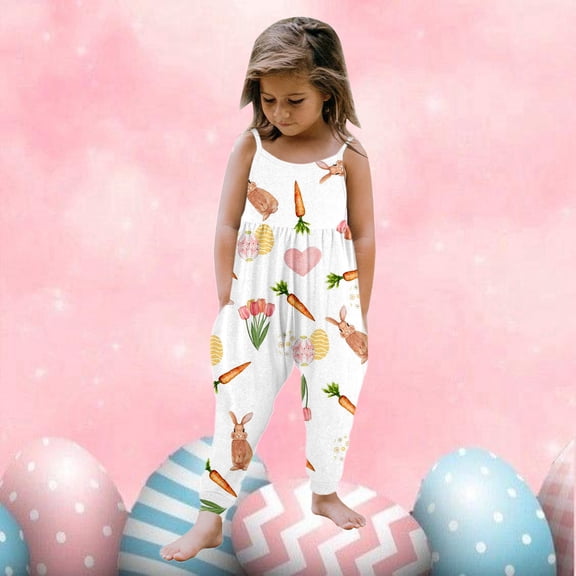 MUXiin Easter Outfit Toddler Girl Children's Easter Print Girls' Sleeveless Jumpsuit Romper Harem Pants Outfit Easter Gifts for Kids