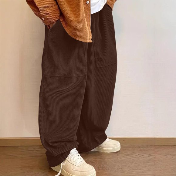 Mceream Men's Corduroy Straight Baggy Pants Long Solid Elastic Waist Casual Pant Loose Going Out Travel Trousers with Pockets Pantalones Baggy Hombre Brown XXXXXL