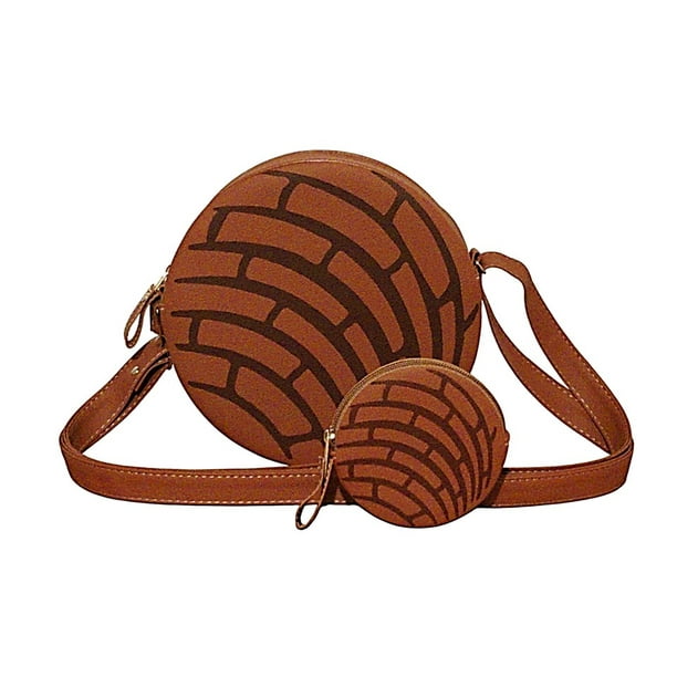 SET de 2 Piezas: BOLSA y MONEDERO en forma de PAN DE CONCHA CHOCOLATE, Redonda, Cross-Body, PAN DE DULCE, Correa Cruzada y Ajustable, Vini Piel, Moda Kawaii, Color Café.