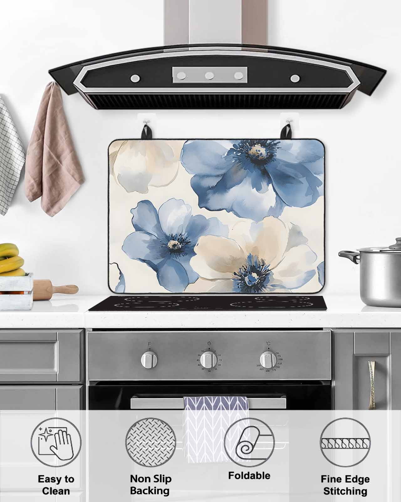 nqOlkjepod Large Induction Cooktop Protector Mat 31"x24", Blue Flower Stove Top Covers for Electric Stove, Watercolor Botanicals Blossom Gradient Stove Burner Cover Mats, Glass Top Stove Cover