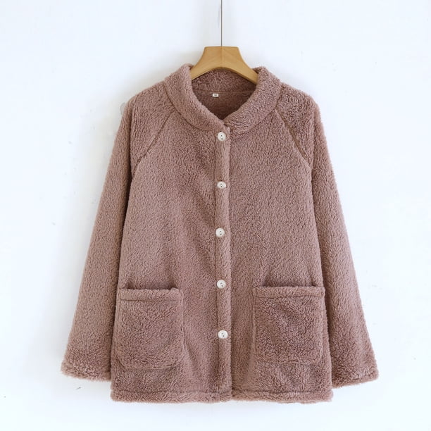 Pijama de manga larga para mujer, de invierno, de color liso, de franela gruesa con forro polar añadido, de manga larga, cálido, para el hogar, de poliéster.