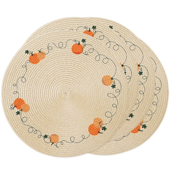 4 - Piece Thanksgiving Pumpkin Embroidered Beige Round Woven Placemats - Heat - Resistant Table Mats for Thanksgiving Dinner, Fall Family Gatherings, and Harvest Themed Parties
