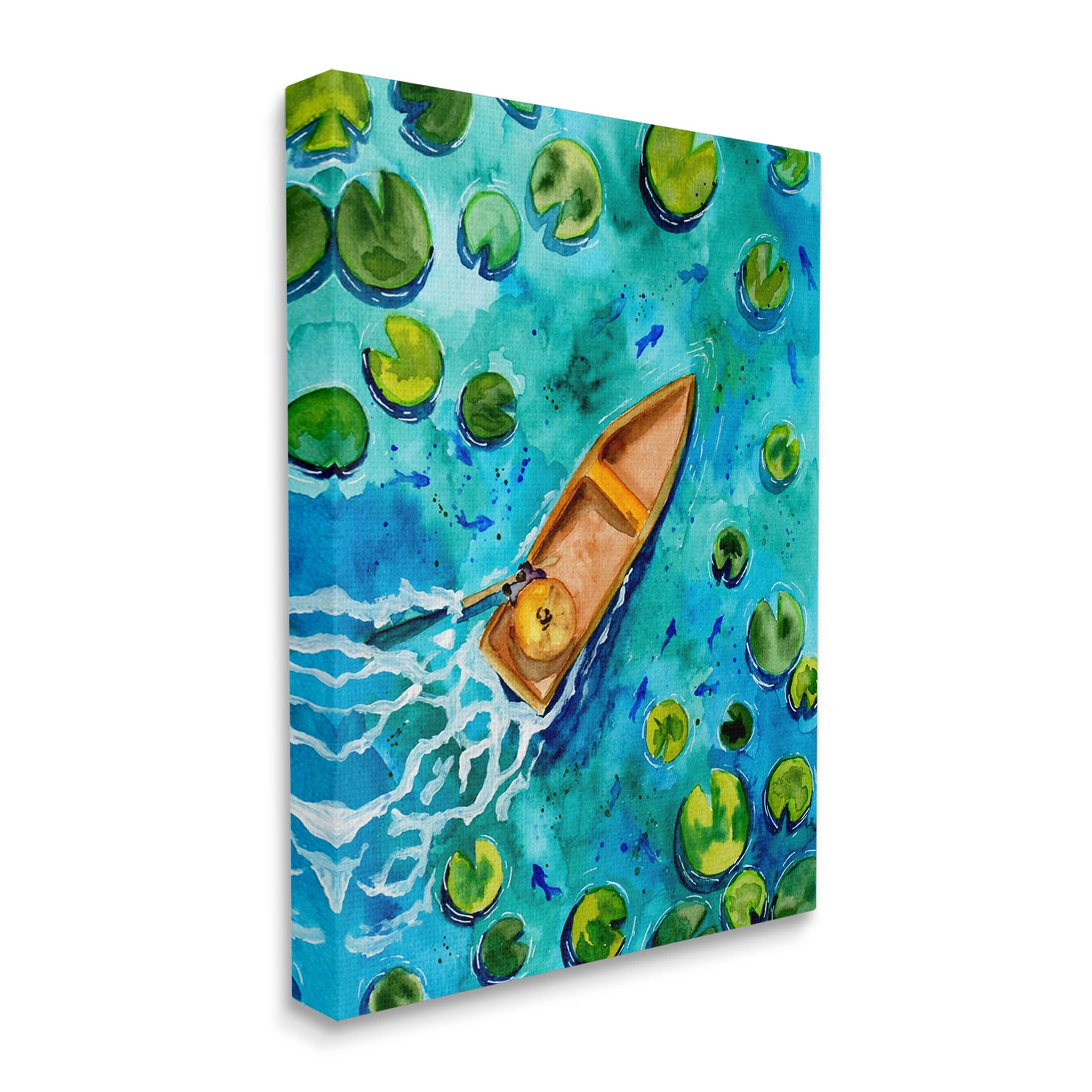 Pond Lilies Lake Boat Splash Transportation Painting Gallery Wrapped Canvas Print Wall Art