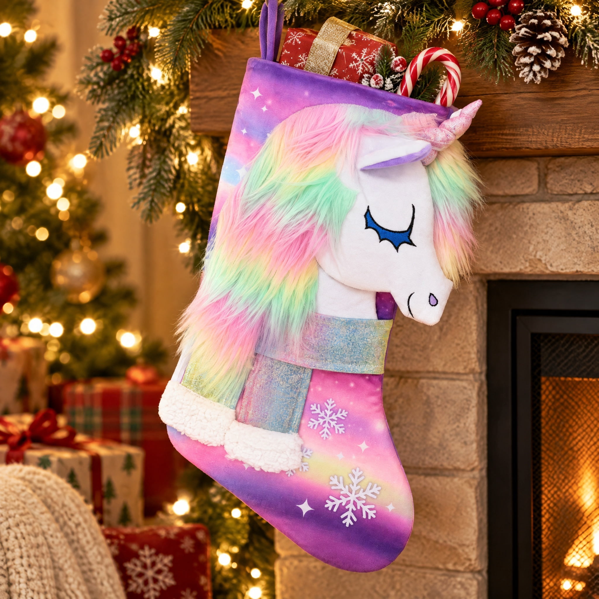 Holiday Time Unicorn 20 Inch Christmas Stocking with Rainbow Mane