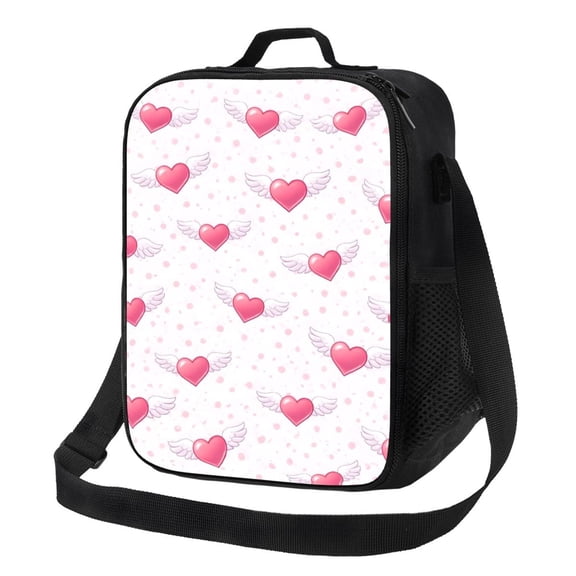 Pink Winged Heart Lunch Bag Insulated Thermal Box with Shoulder Strap & Handle for Work and Picnic