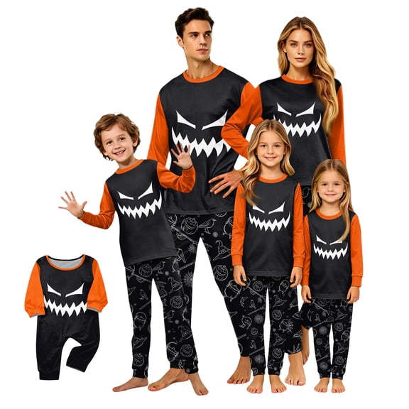 Family Matching Pajamas, Halloween Matching Family Pajamas Black Orange Pumpkin Print Long Sleeve Two Piece Pajama Set Egyptian Sleepwear Nightwear Loungewear Undead Photos