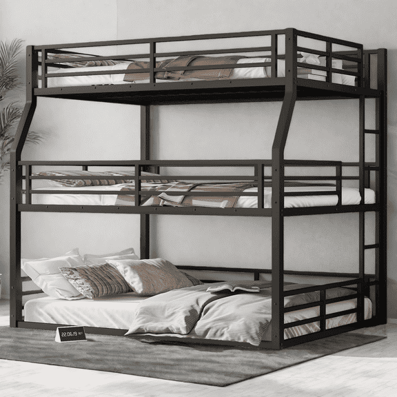 Triple Bunk Bed Full/Full XL over Queen, Heavy-Duty Metal 3-Tier with Safety Guardrails & Noise-Free Design, Black