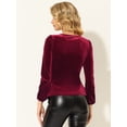 thumbnail image 4 of Blusa de terciopelo de manga larga con decoración de botones y cuello en V para mujer Vino rojo L, 4 of 5