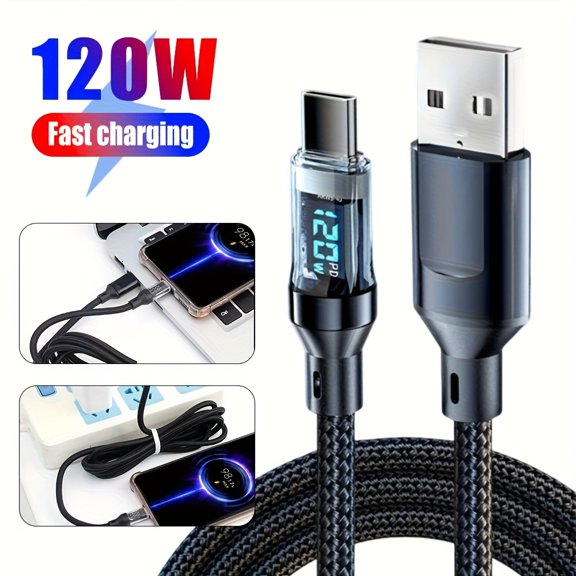 120W ultra-fast charging USB A to Type-C cable with LED digital display, matte surface, data synchronization, USB power transfer, 6A high current, compatible for iPhone 15/16, Xiaomi, POCO for.