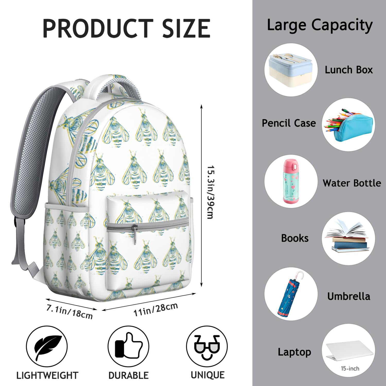 Bees Themed Laptop Backpack&nbsp;- School Essentials Bag with Side Elastic Pouch, Ergonomic Design to Reduce Back Pain, Water-Resistant Coating for Protection