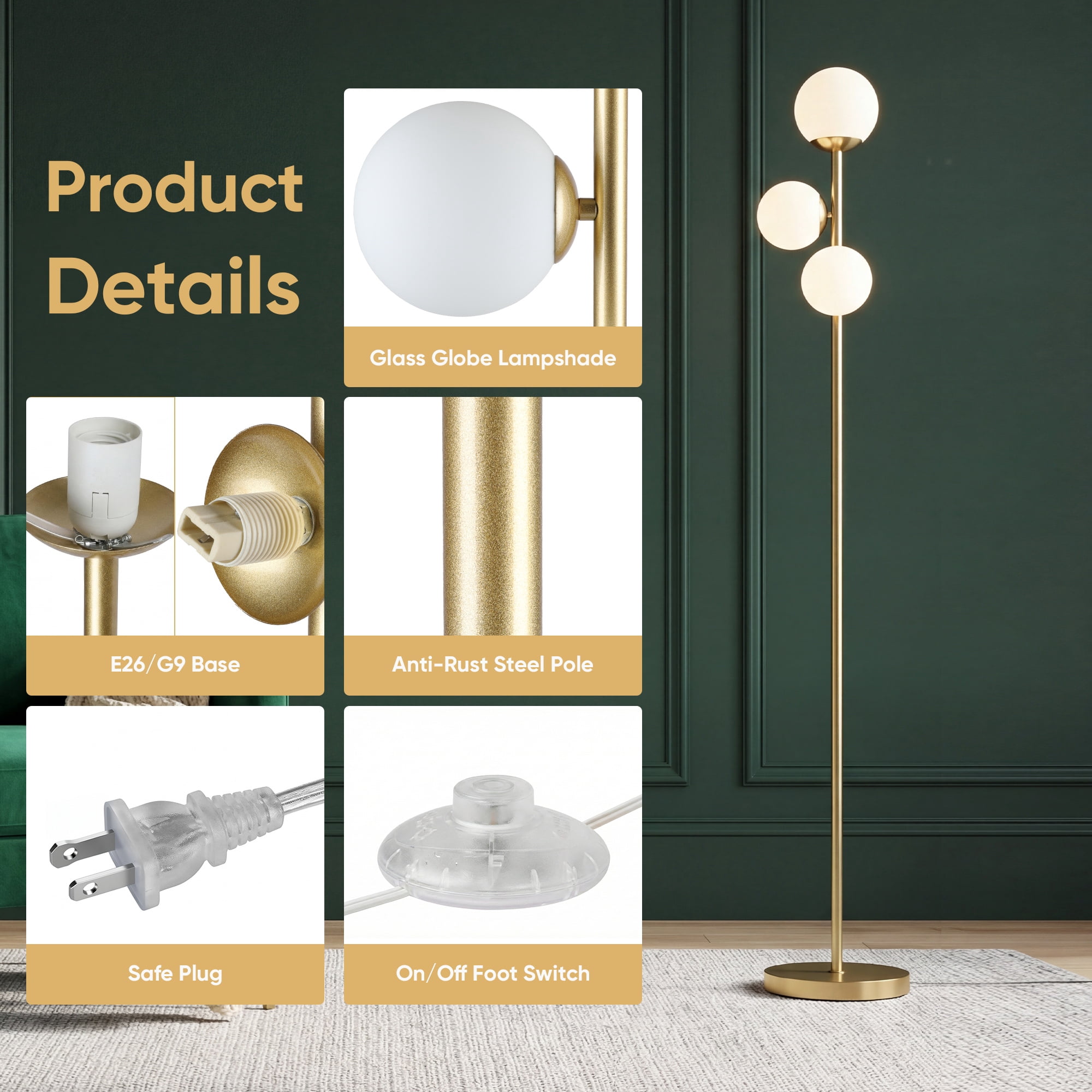 65.7in Gold 3-Light Globe Floor Lamp Modern Standing Tree Lamp with Frosted Glass Shades & Foot Switch for Living Room Bedroom