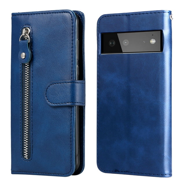 Case for Google Pixel 6 5G Zipper Pocket Wallet Leather Case Magnetic Closure Flip Cover - Blue