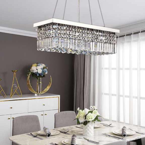 FINE MAKER Modern Silver Electric Rectangle Crystal Raindrop Chandelier