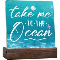 Ceramic Sign 4x4 Inch Take Me To The Ocean Summer Beach Plaque Sign with Wood Stand Beach Decorations For Home Coastal Beach Room Decor Home Shelf Decoration Gift For Women Men