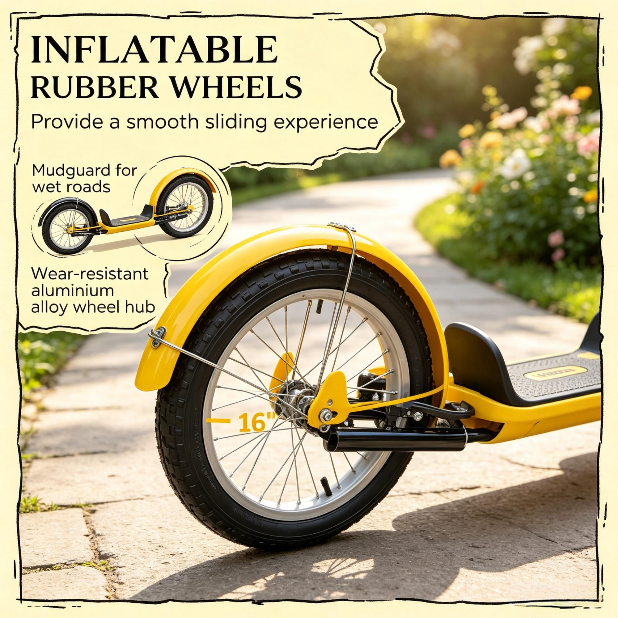 16" Inflatable Youth Scooter, Kick Scooter with Adjustable Handlebars, Double Brakes, Front Basket and Cupholder, Orange