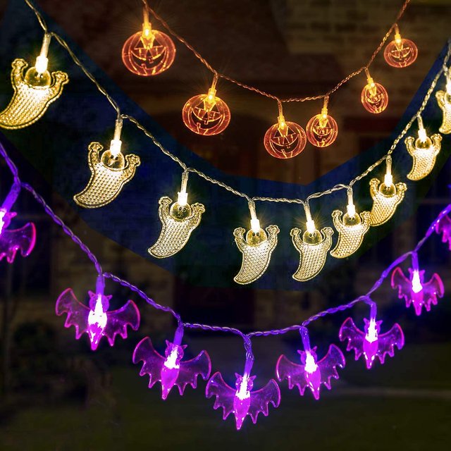 Decoración de Halloween LzGUNGY juego de 3 luces LED a pilas guirnalda con colgante de calabaza/fantasma/murciélago
