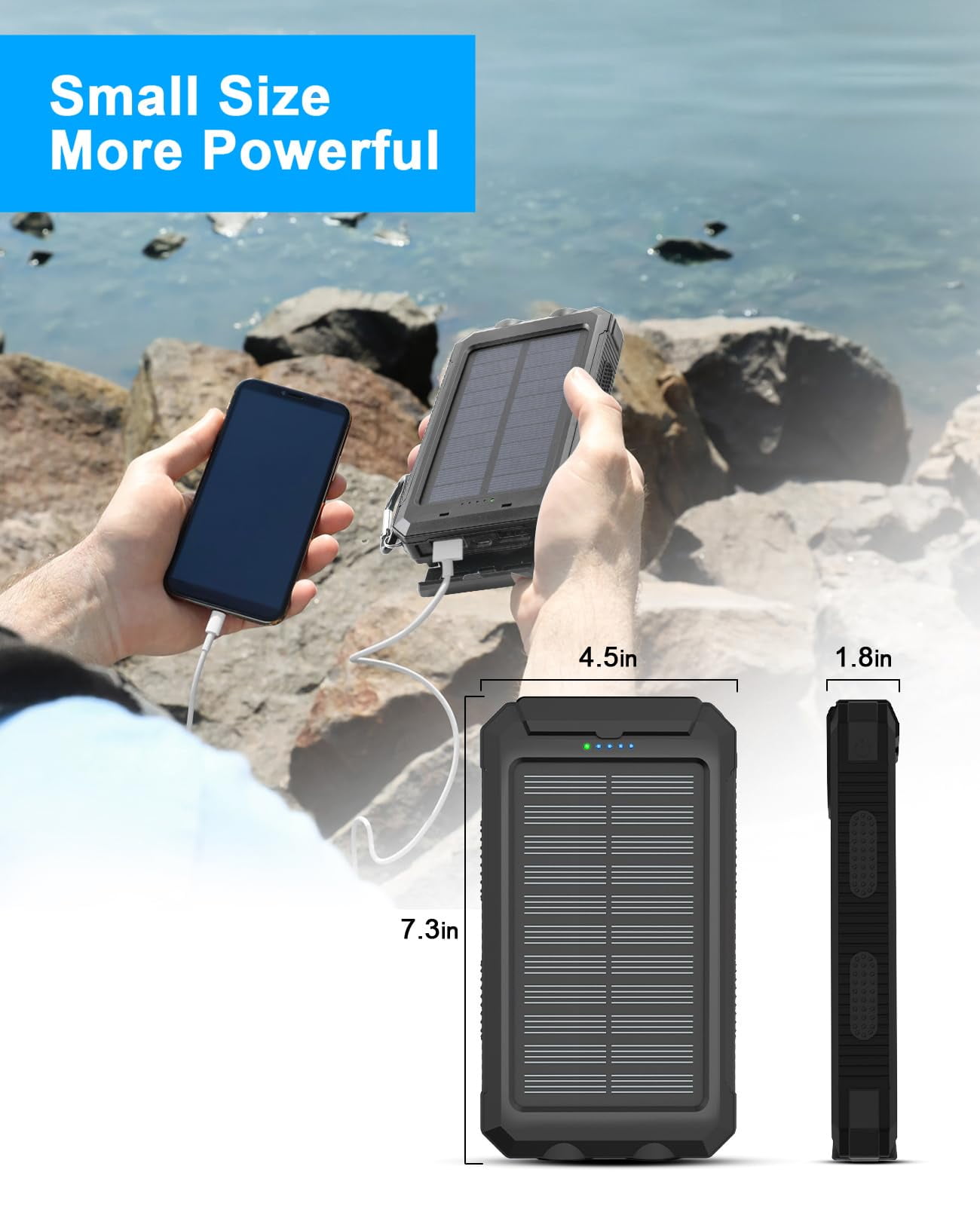 CATGOOD Solar Power Bank 30000mah, Portable Charger, Waterproof Battery Backup Charger, Solar Panel Charger with Dual LED Flashlights, Suitable for Outdoor Camping Travel(Black)