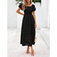 thumbnail image 4 of Black Eyelet Square Neck Puff Sleeve Smocked Maxi Dress With Pockets, 4 of 30