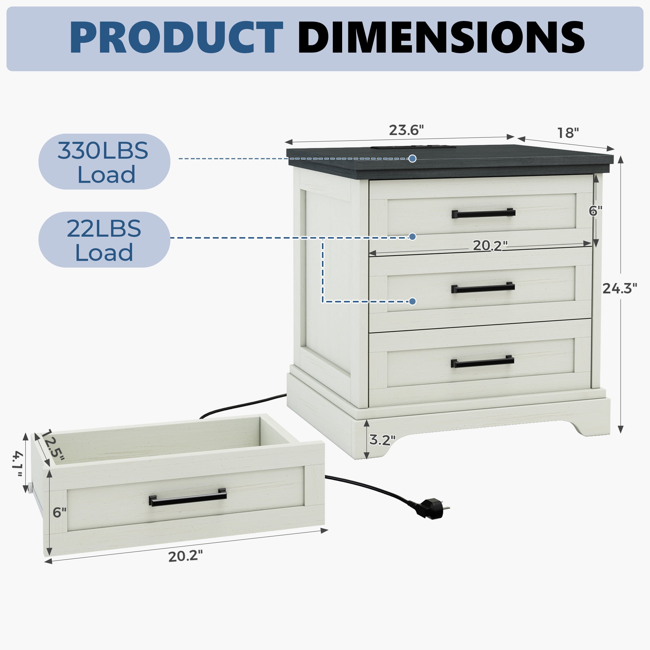 EDX 3 Drawers 24" Wood Nightstand with Drawers and Charging Station, Bedside Table for Bedroom or Living Room, White