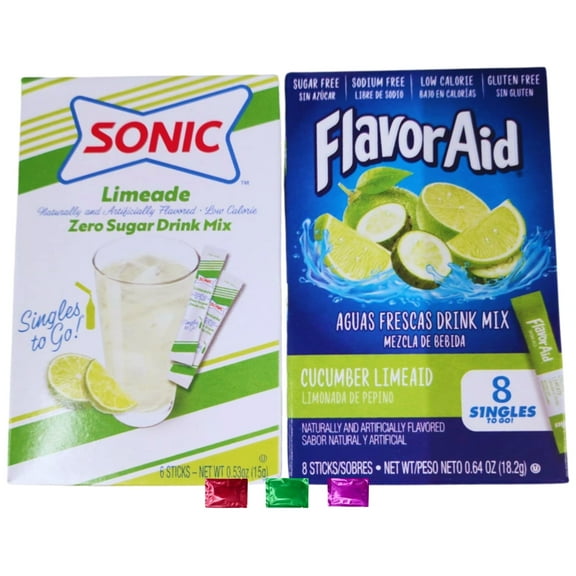 Sonic Limeade Zero Sugar Drink Mix & Flavor Aid Aguas Frescas Cucumber Limeaid Sticks, 14 Total Servings 2 Boxes, Low Calorie Gluten Free Singles with Snoep in Beperkte Oplage