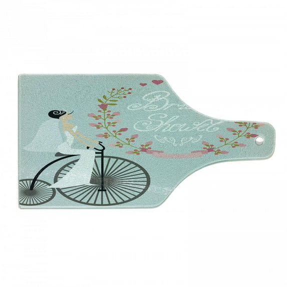 Bridal Shower Cutting Board, Bride in Wedding Dress Bicycle Flowers Celebration Image, Decorative Tempered Glass Cutting and Serving Board, Wine Bottle Shape, Charcoal Grey Pale Blue, by Ambesonne