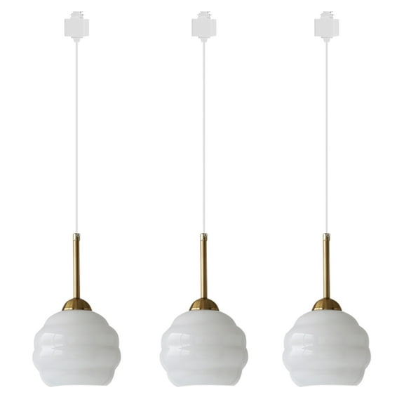 Kiven H-Type Track Lighting, 3-Light Modern Halo Track Pendant Light with White Glass Globe, Track Light Pedant for Bedroom Kitchen Island Home Cafe,Brass Finish,Cord length 24"