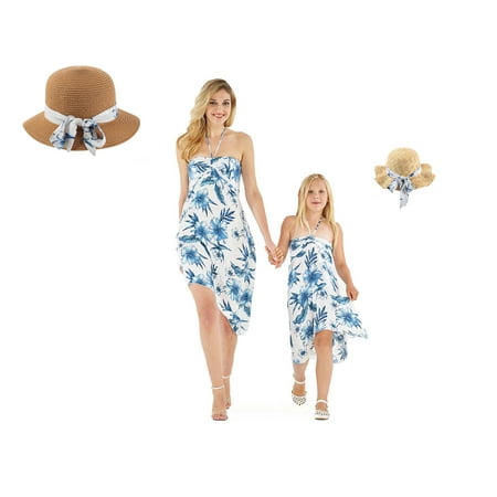 

Matching Hawaiian Luau Mother Daughter Halter Dress in Tropical Patterns