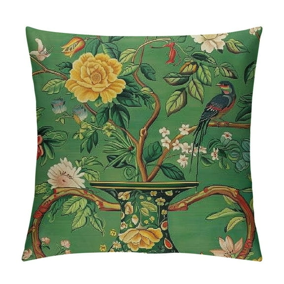 Creowell  Ming Vase Green Throw Pillow Cushion Chinoiserie Green Vase Flower Square Throw Pillows Traditional Chinese Chinoiserie  Pillow for Office Car Chair Sofa
