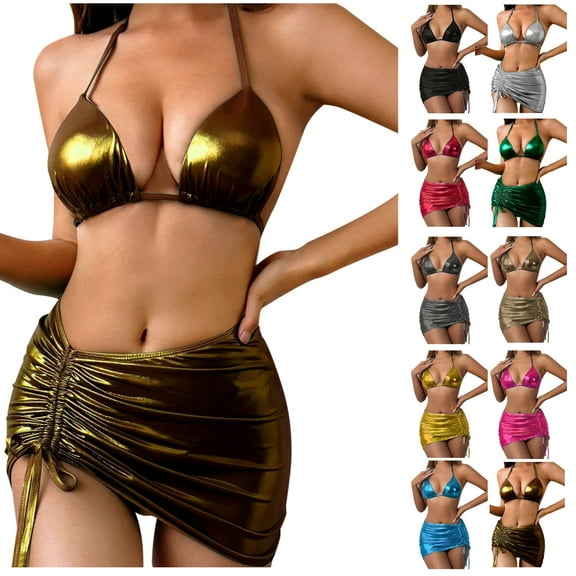 Tqyyweavej Women's 3 Piece Triangle Bikini Sets Metallic Halter Solid Color Bikini Tops and Side Tie Shiny Ruched Swim Skirt with Bathing Bottoms