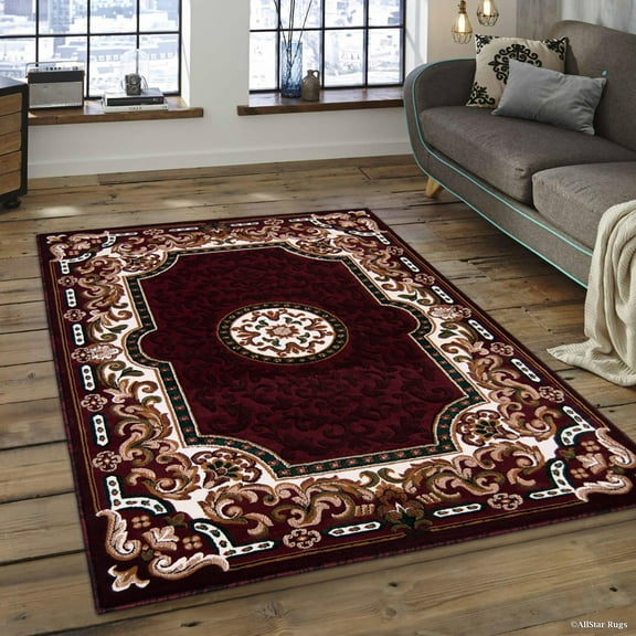 Allstar 5x7 Traditional Area Rug in Red with Cream Mandala Tibetan design (5' 2" x 7' 1")