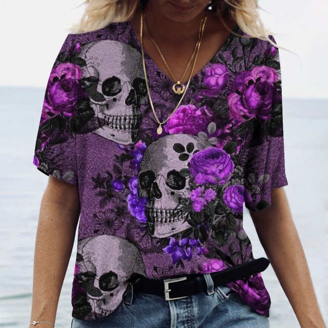 Camiseta Vintage con estampado 3D de calavera para mujer, blusas con cuello en V, Jersey informal de manga corta, Tops de gran tamaño, ropa Harajuku, camisetas de verano