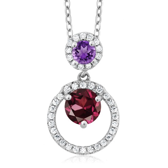 Gem Stone King 925 Sterling Silver Red Rhodolite Garnet and Purple Amethyst Pendant Necklace for Women (1.85 Cttw, Gemstone January Birthstone, Round 6MM and 4MM)