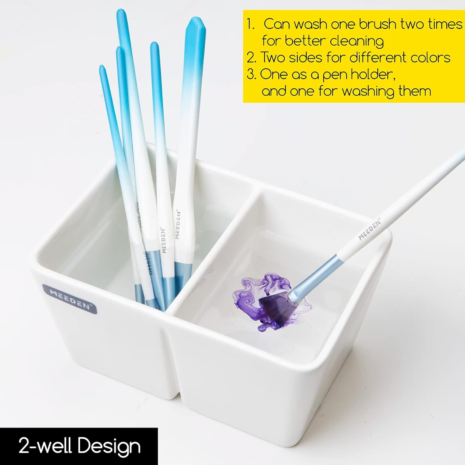 Ceramic Paint , Paint Brush Wash Bowl, 2 Deep Well Artist Paint , White Porcelain Watercolor Painting Dish, Large Capacity Paintbrush Washer for Watercolor Gouache Painting
