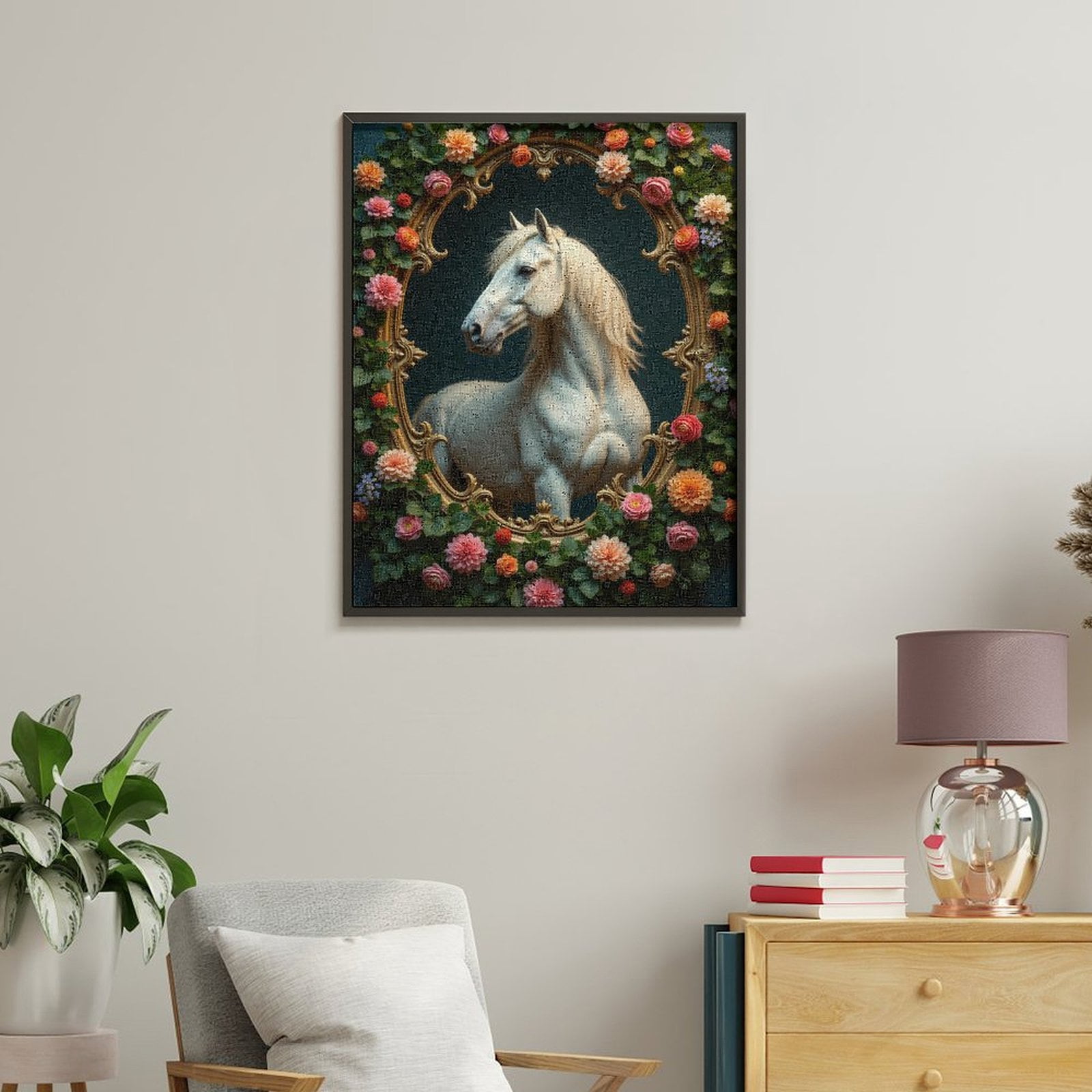 Paint By Numbers Kit for Adults Beginner - DIY White Horse Floral Frame Art Canvas Painting Kits for Adults, Frameless Paint By Number for Adults for Home Wall Decor 16x20 Inch