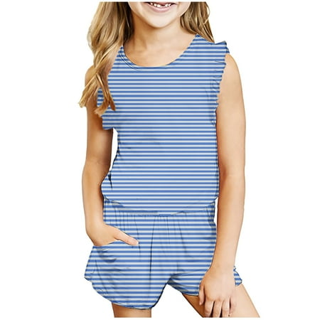 

LNWUY Toddler Girls Summer Outfits Ruffle Sleeve Crewneck Tracksuit Striped Colorblock Tops & Shorts Clothes Set Light Blue 160
