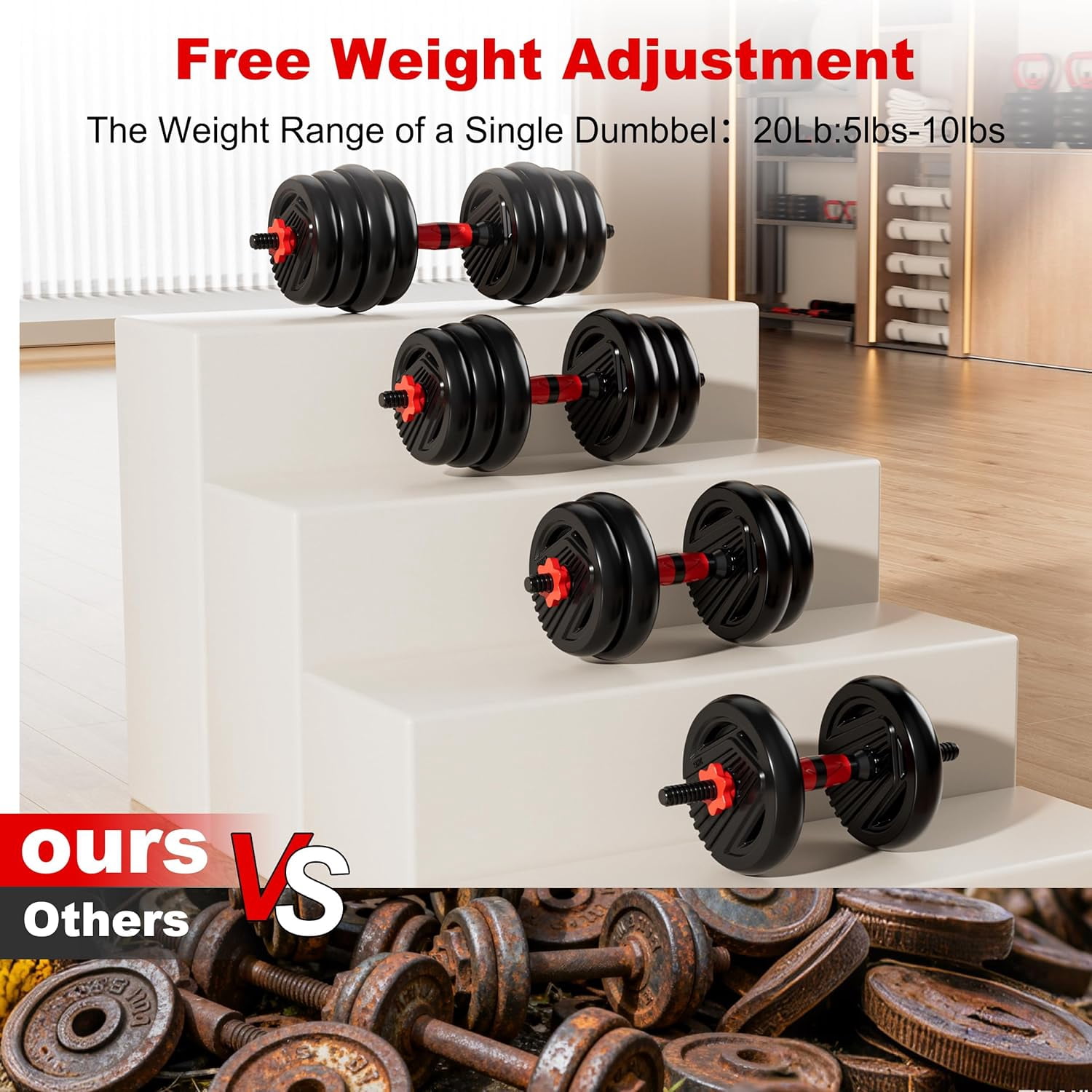 Adjustable Dumbbell Set, 10-90lbs Free Weight Set with Connector, 5-in-1 Dumbbells Convertible to Barbell, Kettlebells, Push-up Stand, Weight Plates for Home Gym Fitness for Men and Women